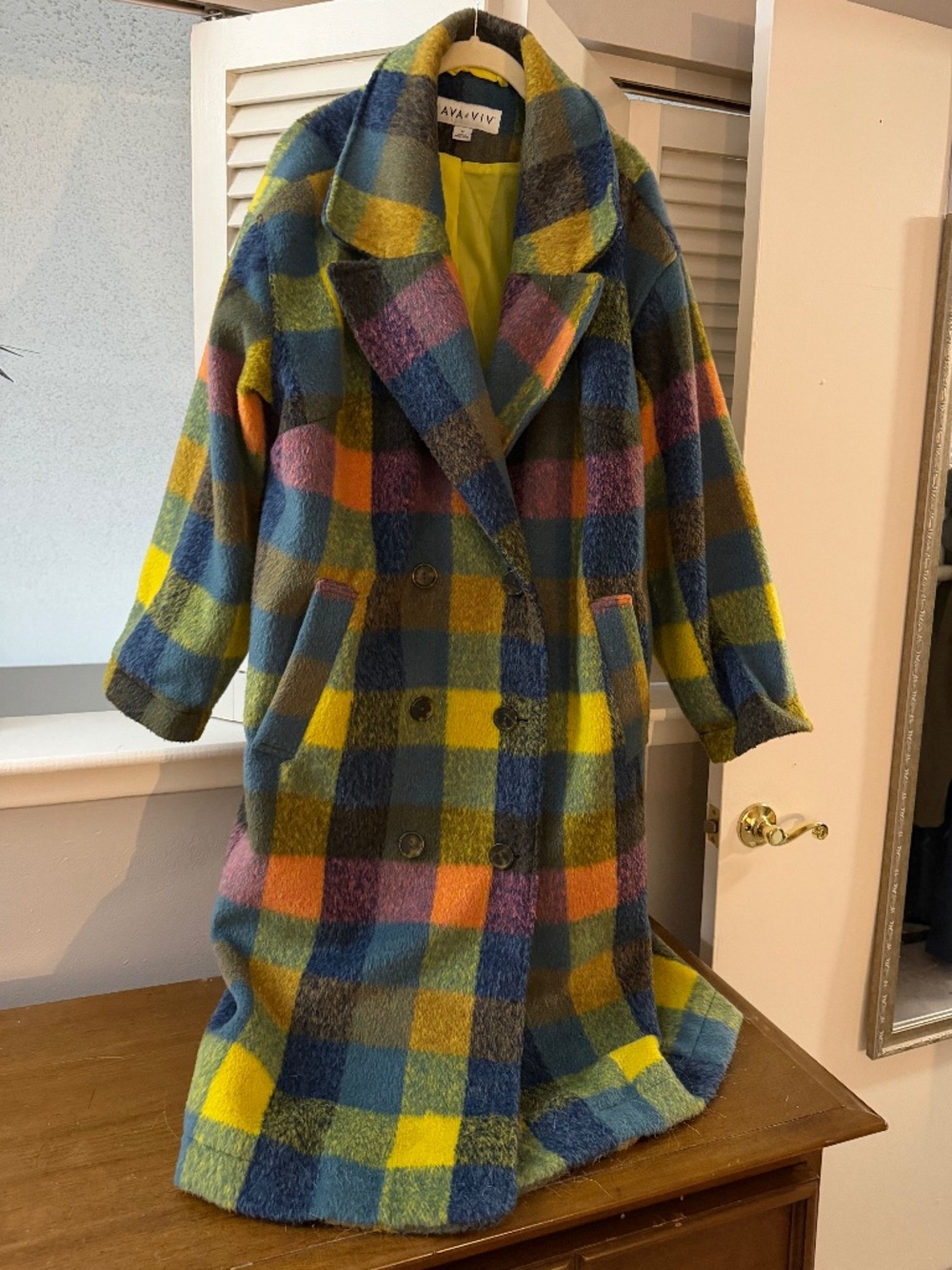 Ava & Viv Dopamine 1X Multicolor Plaid Oversized Double-Breasted Maxi Coat